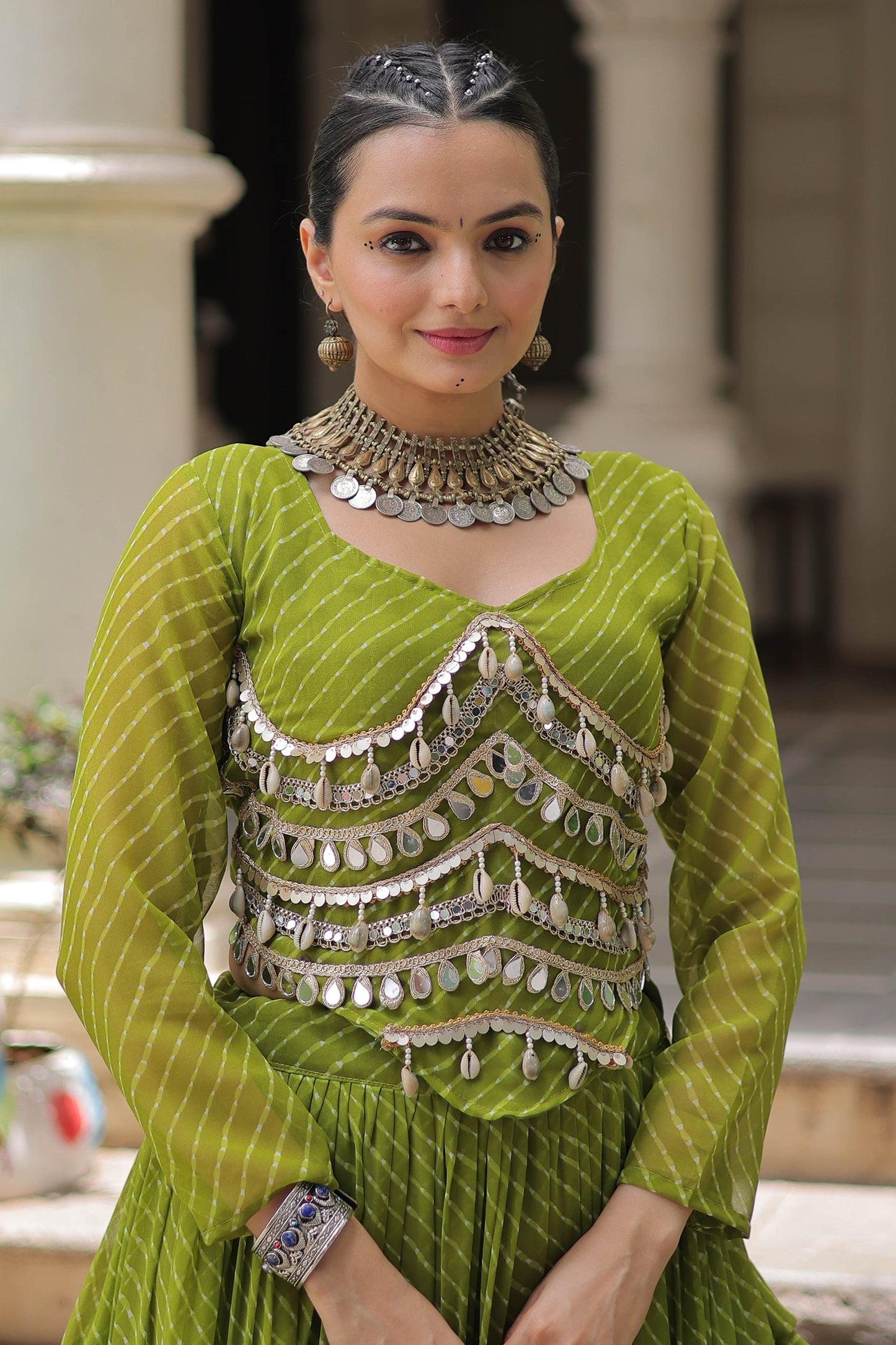 Perrot Green Flared Georgette Chaniya Choli with Leheriya Print Work