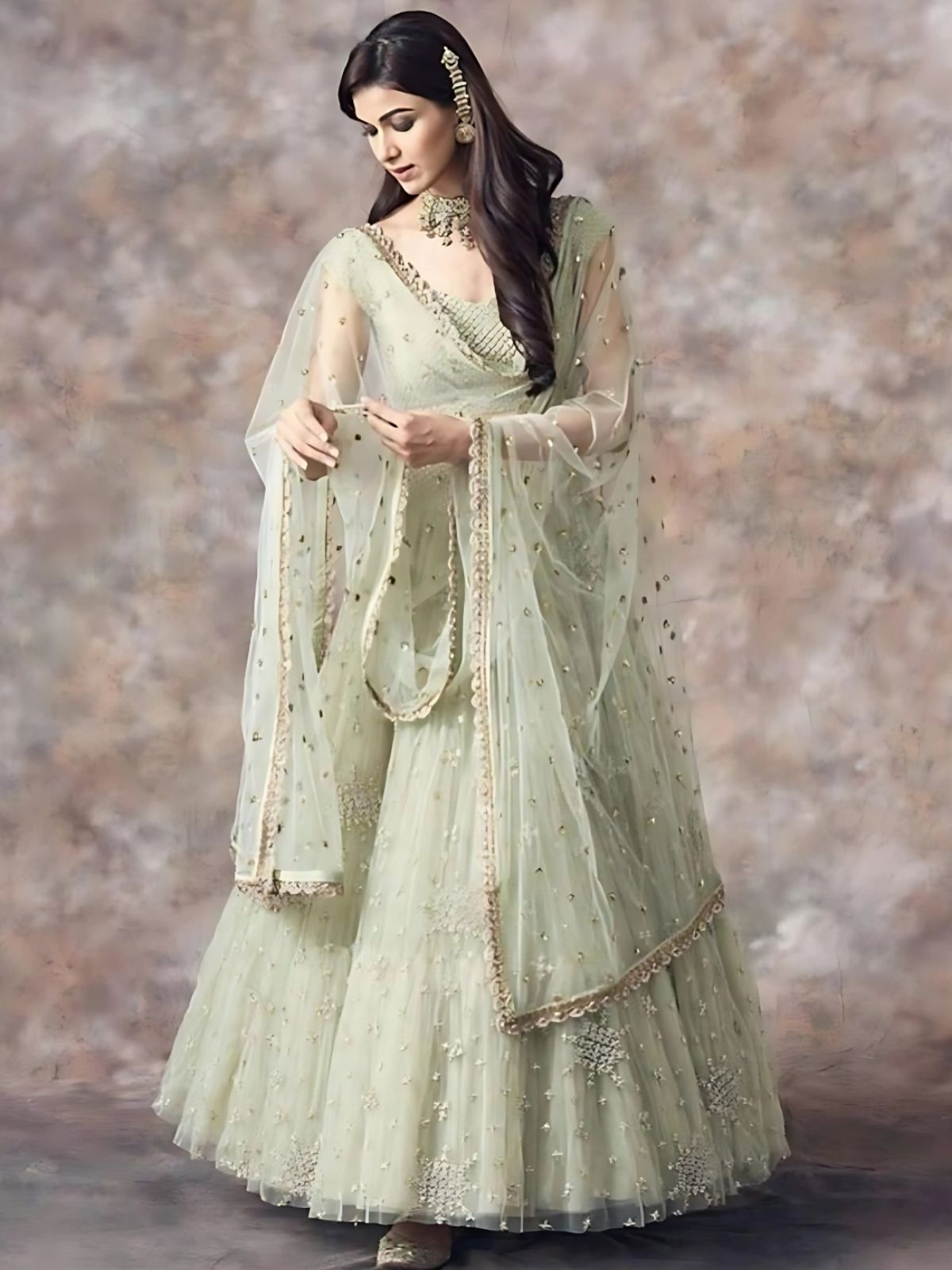 Odette Light Green Net Embroidered Semi-Stitched lehenga For Women