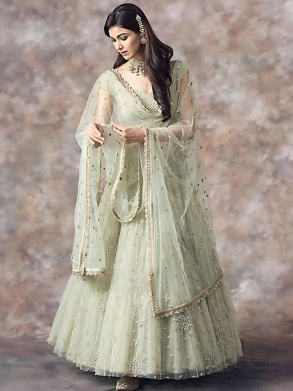Odette Light Green Net Embroidered Semi-Stitched lehenga For Women