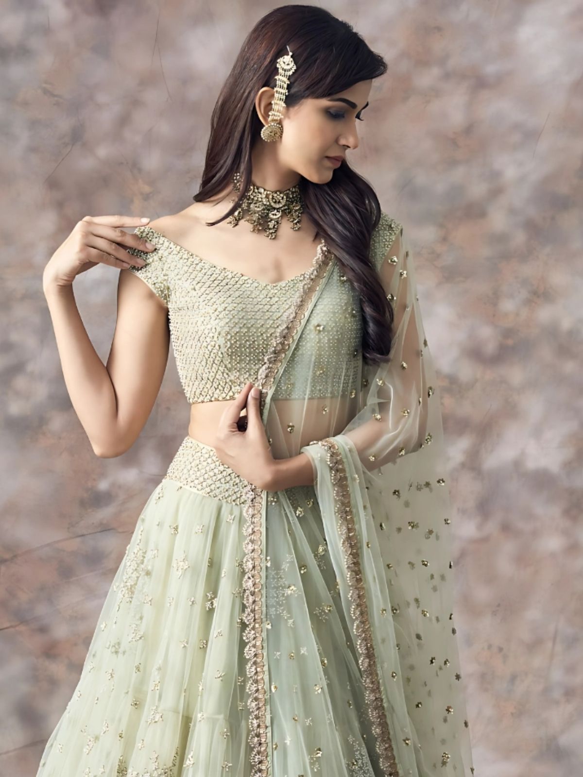 Odette Light Green Net Embroidered Semi-Stitched lehenga For Women
