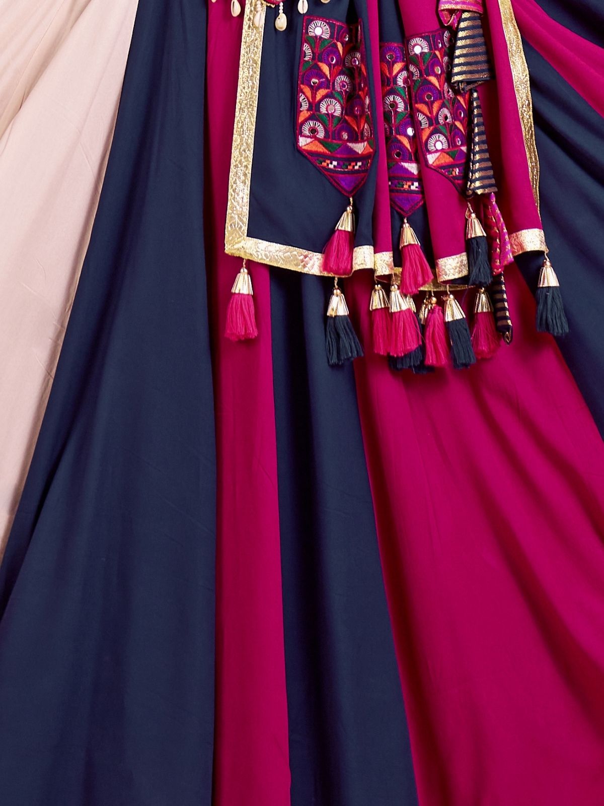 Odette Multicolor Cotton Blend Solid With Golden Border Semi-Stitched Lehenga For Women