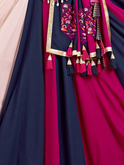 Odette Multicolor Cotton Blend Solid With Golden Border Semi-Stitched Lehenga For Women