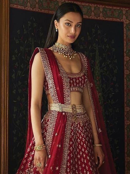 Odette Maroon Silk Blend Embroidered Semi-Stitched Lehenga For Women