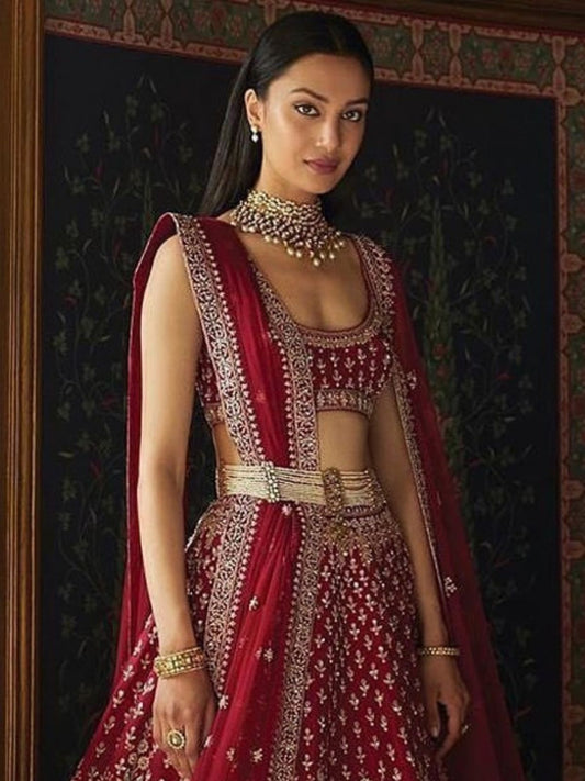 Odette Maroon Silk Blend Embroidered Semi-Stitched Lehenga For Women