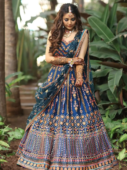 Odette Blue Silk Blend Embroidered Semi-Stitched lehenga For Women