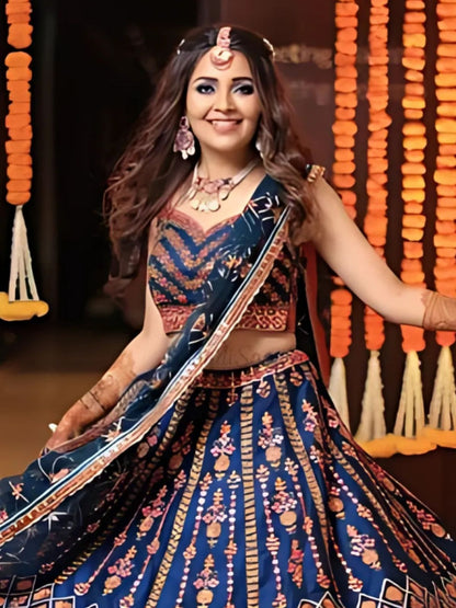 Odette Blue Silk Blend Embroidered Semi-Stitched lehenga For Women