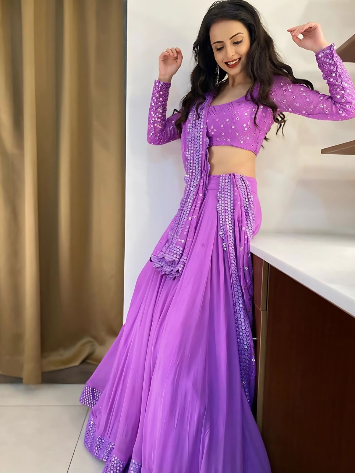 Odette Purple Georgette Embroidered Semi-Stitched lehenga For Women