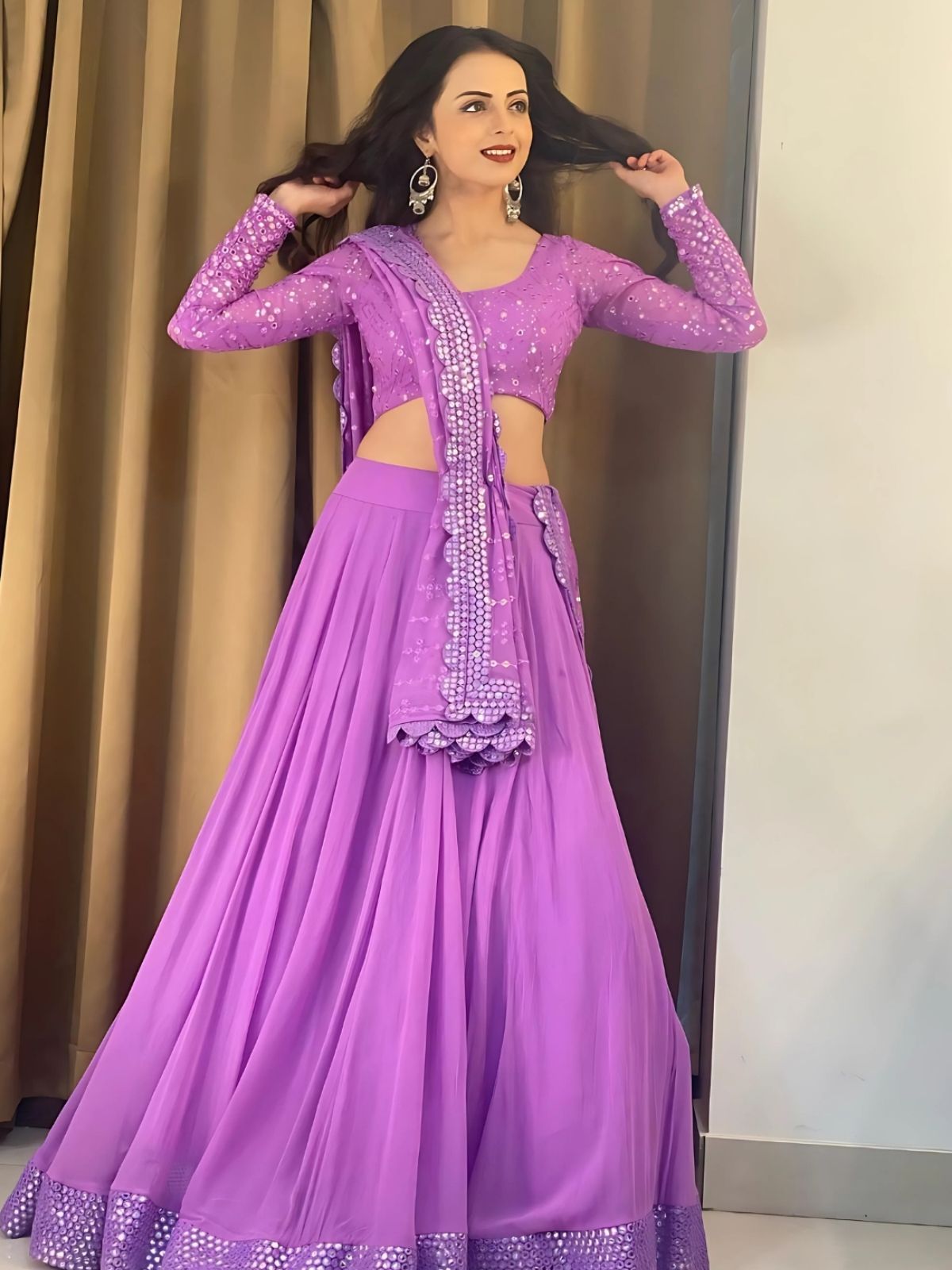 Odette Purple Georgette Embroidered Semi-Stitched lehenga For Women