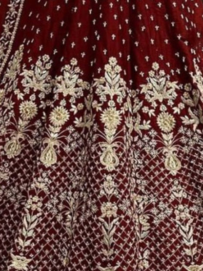Odette Maroon Silk Blend Embroidered Semi-Stitched Lehenga For Women