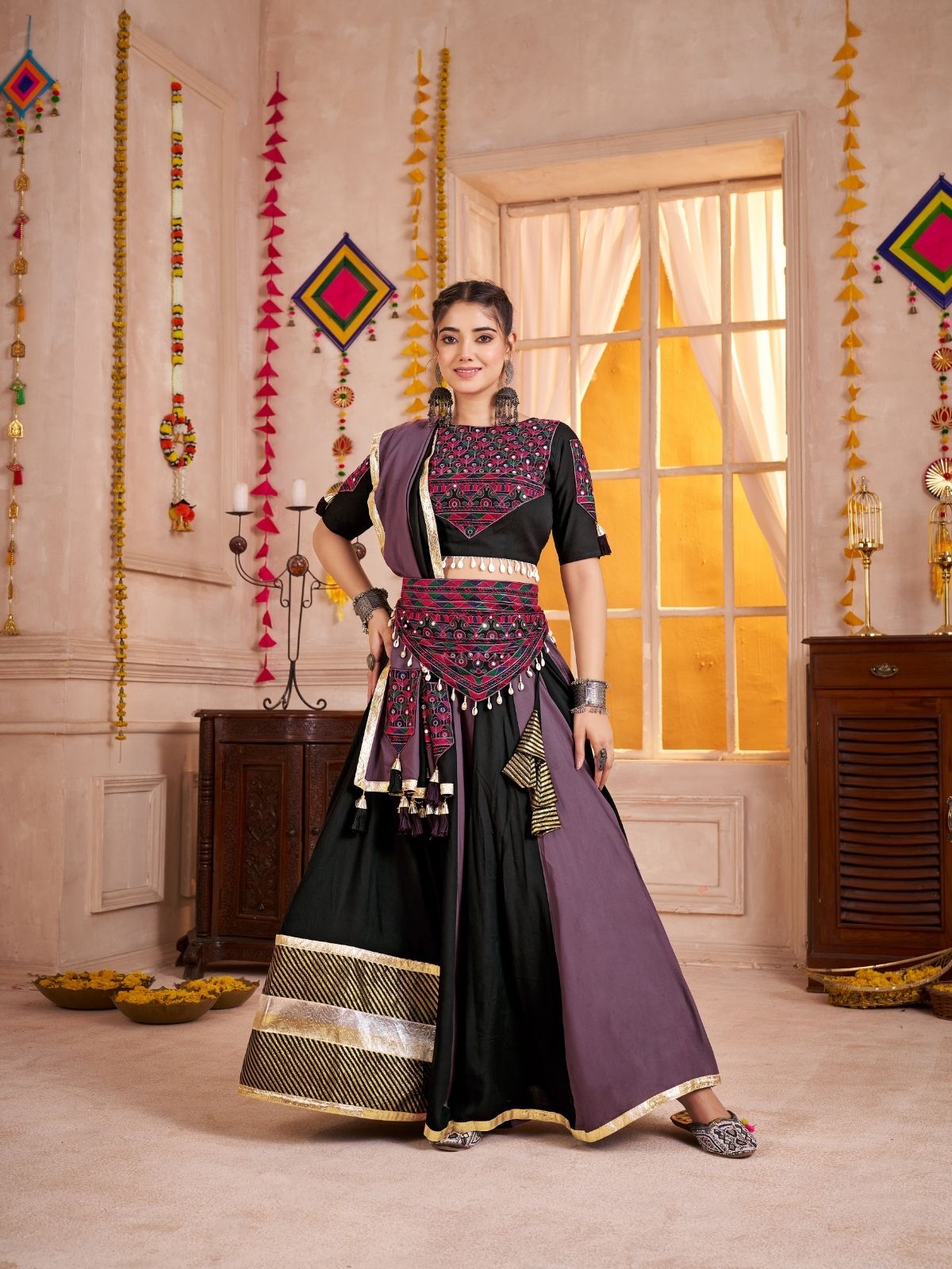 Odette Black And Mauve Cotton Blend Solid With Golden Border Semi-Stitched Lehenga For Women
