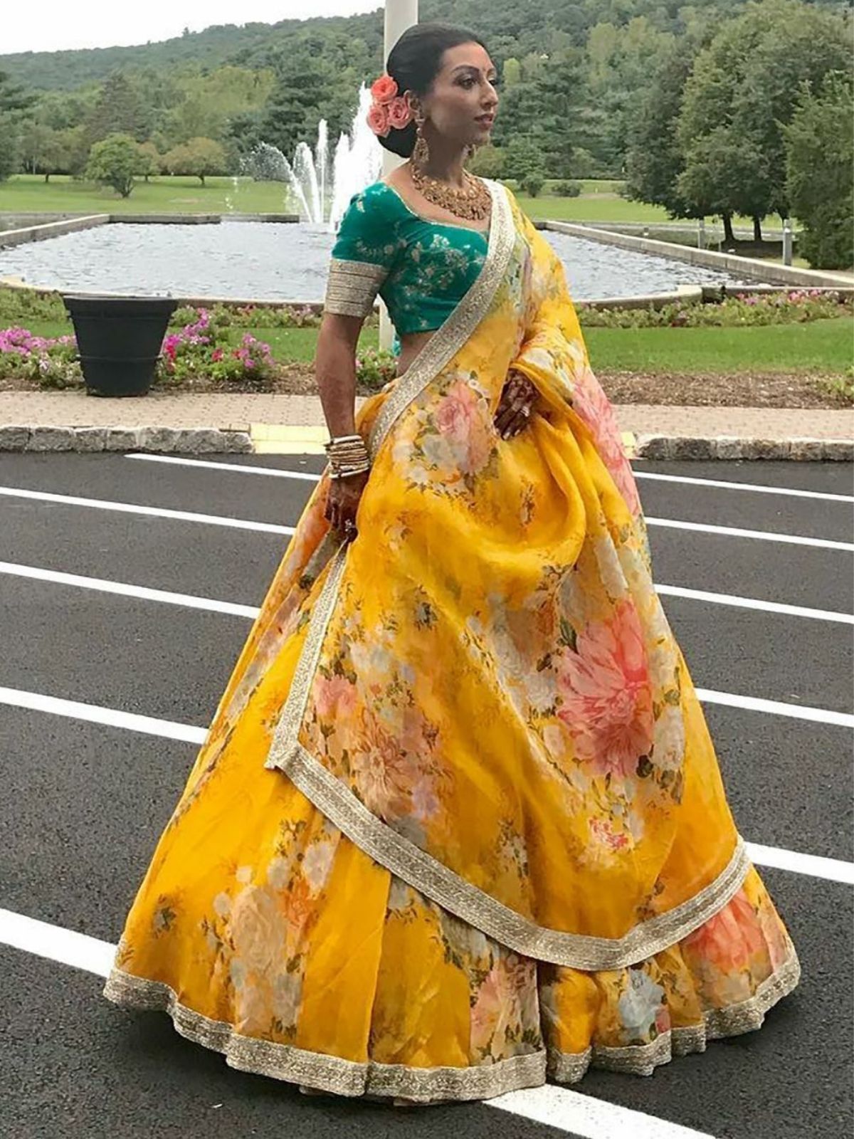 Odette Yellow Organza Printed Semi-Stitched lehenga For Women