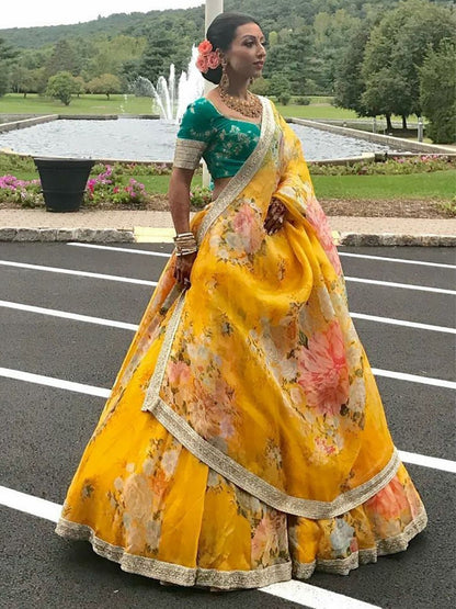 Odette Yellow Organza Printed Semi-Stitched lehenga For Women