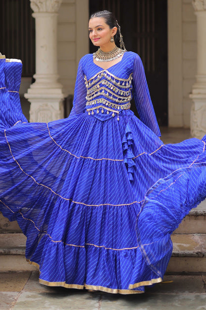 Blue Flared Georgette Chaniya Choli with Leheriya Print Work