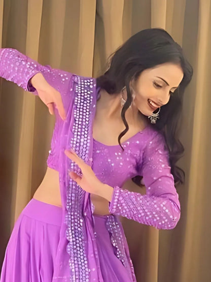 Odette Purple Georgette Embroidered Semi-Stitched lehenga For Women