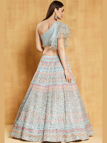 Odette Sky Blue Organza Silk Embroidered Semi-Stitched lehenga For Women