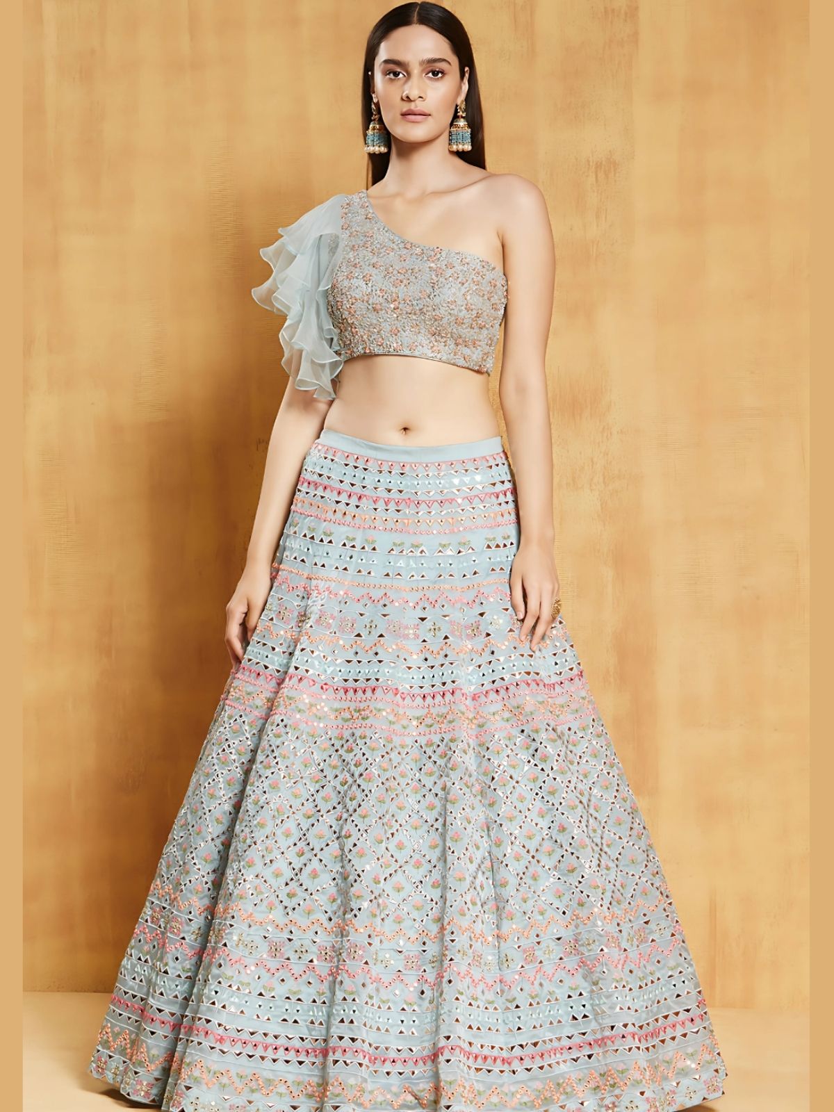 Odette Sky Blue Organza Silk Embroidered Semi-Stitched lehenga For Women