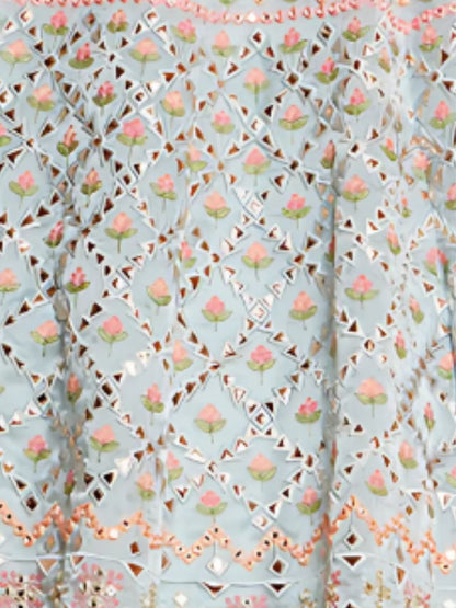 Odette Sky Blue Organza Silk Embroidered Semi-Stitched lehenga For Women