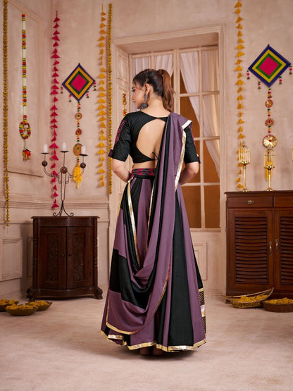 Odette Black And Mauve Cotton Blend Solid With Golden Border Semi-Stitched Lehenga For Women