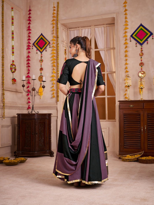 Odette Black And Mauve Cotton Blend Solid With Golden Border Semi-Stitched Lehenga For Women