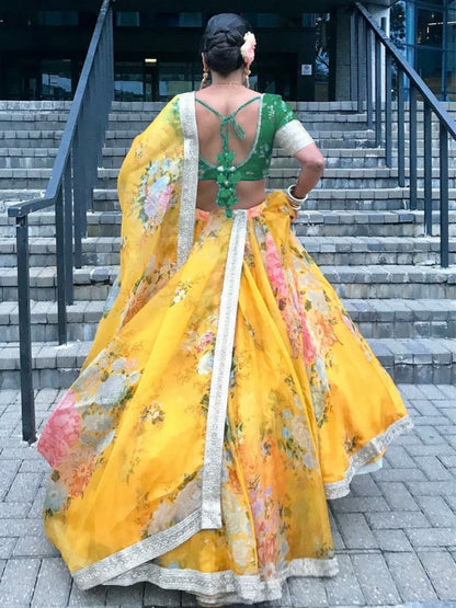 Odette Yellow Organza Printed Semi-Stitched lehenga For Women