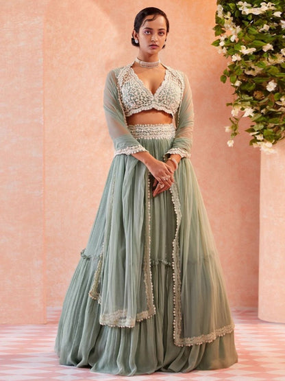 Odette Sea Green Georgette Solid Semi-Stitched Lehenga For Women