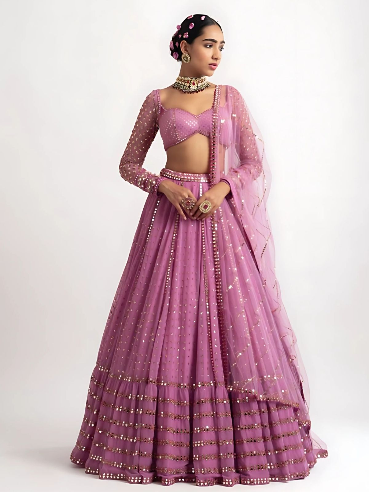Odette Purple Georgette Embellished Semi-Stitched lehenga For Women