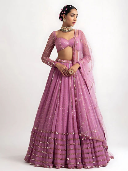 Odette Purple Georgette Embellished Semi-Stitched lehenga For Women