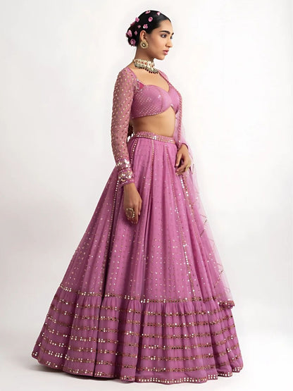 Odette Purple Georgette Embellished Semi-Stitched lehenga For Women