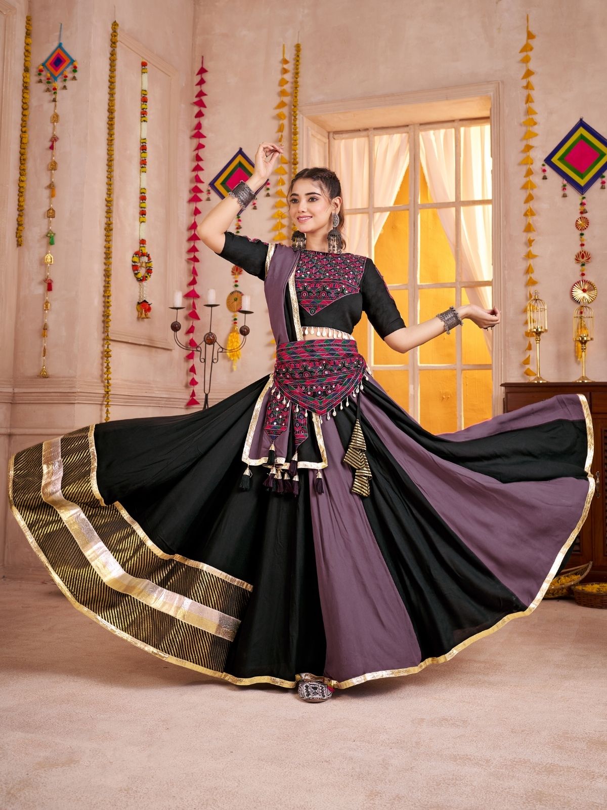 Odette Black And Mauve Cotton Blend Solid With Golden Border Semi-Stitched Lehenga For Women