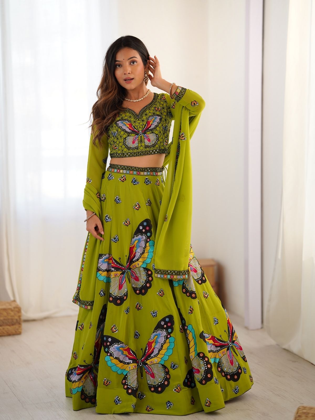 Odette Green Georgette Embroidered Semi-Stitched lehenga For Women