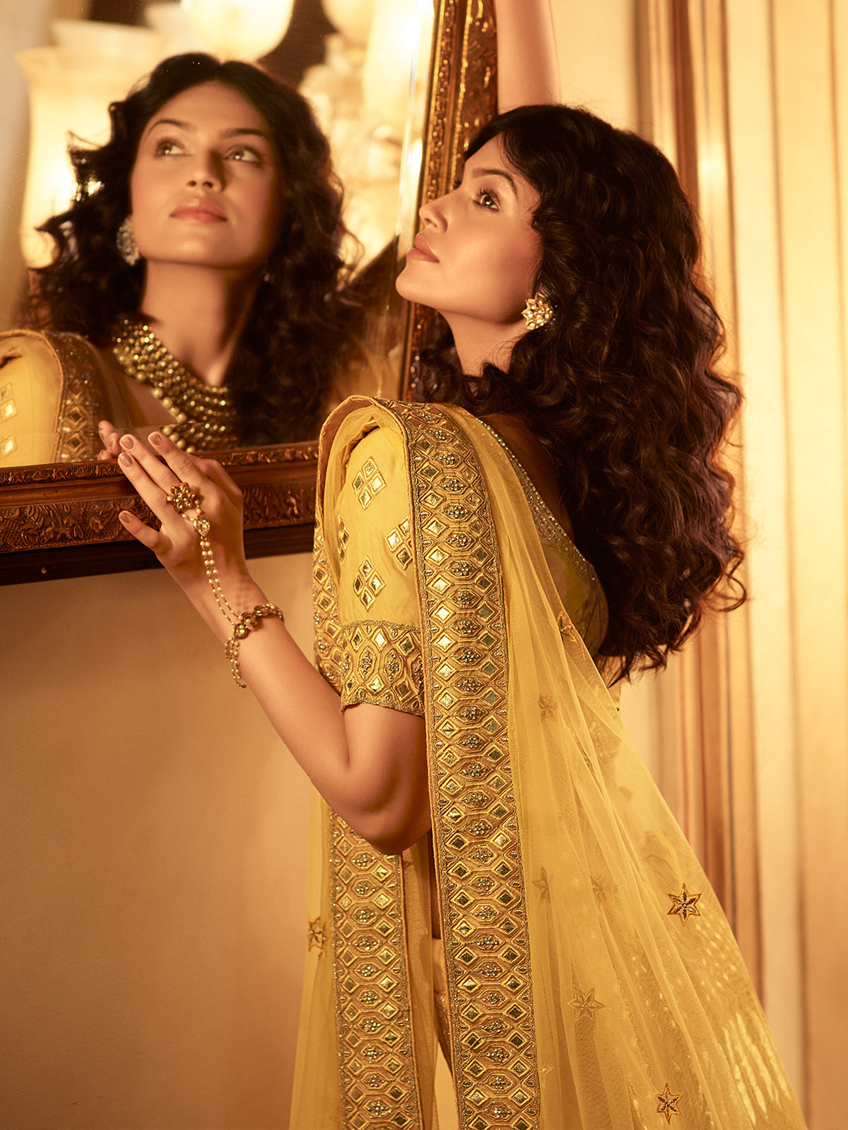 Odette Mustard Embroidered Organza Semi Stitched Lehenga With Blouse For Women