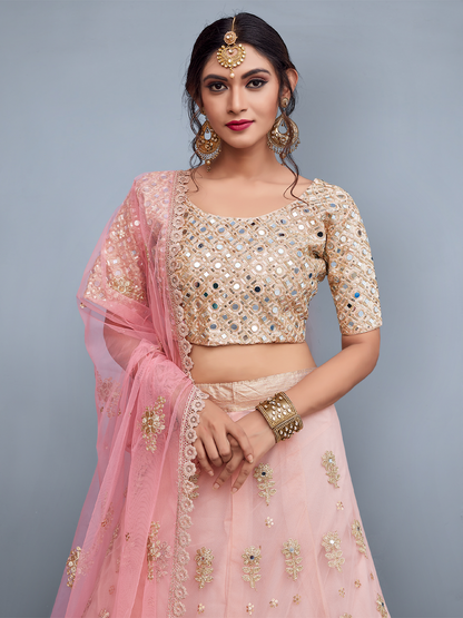 Odette Women Pink Embroidered Art Silk Semi Stitched Lehenga With Unstitched Blouse