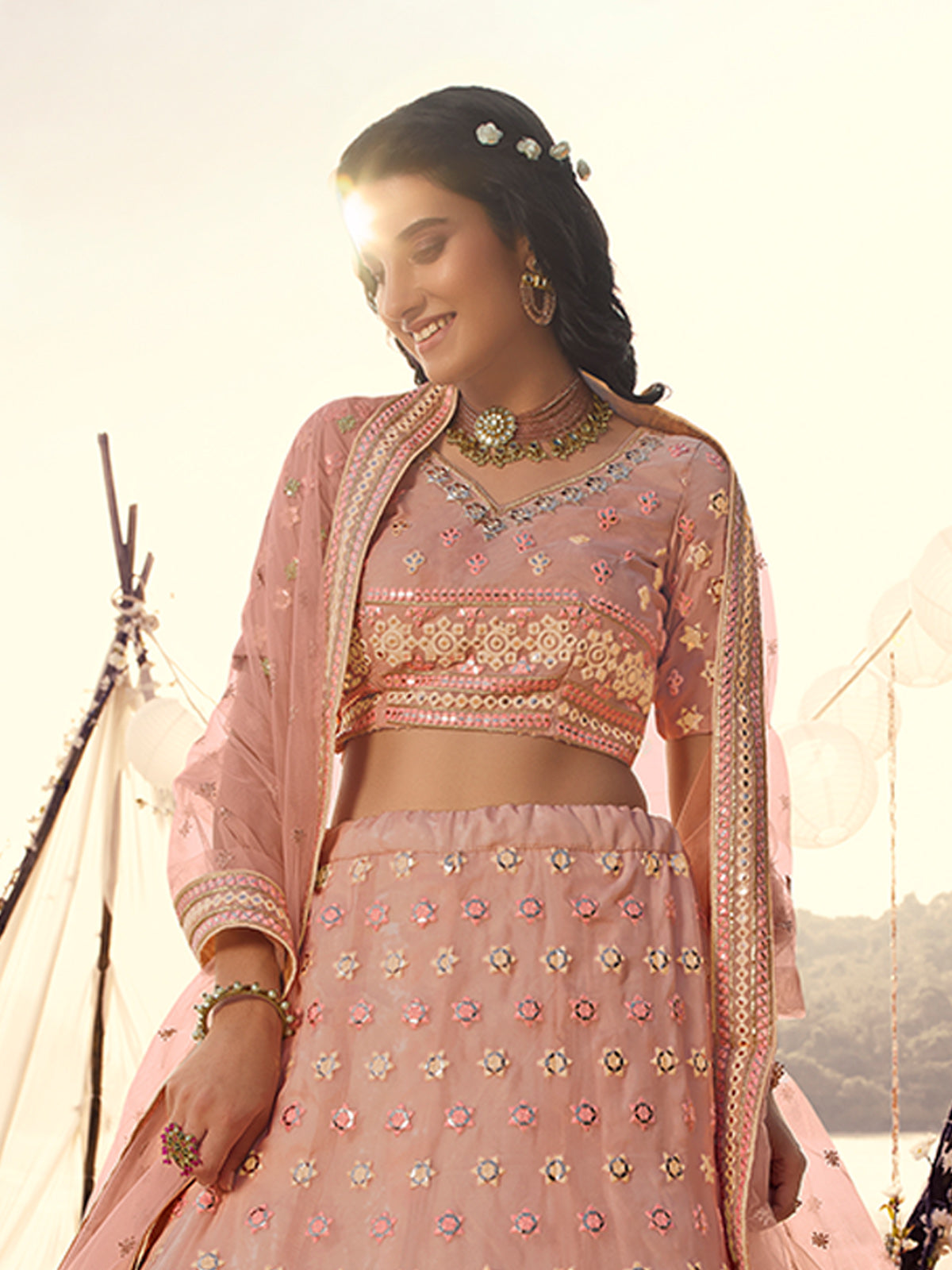 Odette Peach Embroidered Organza Semi Stitched Lehenga With Blouse For Women
