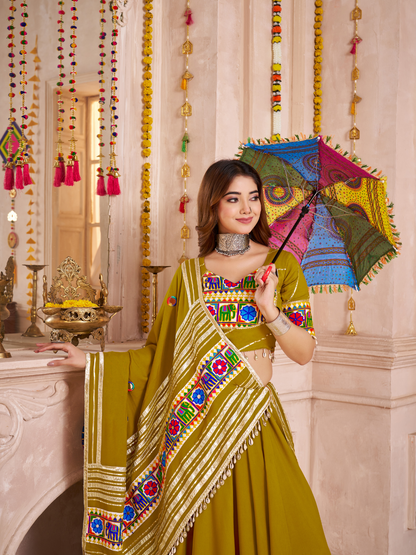 Odette Green Viscose Cotton Embroidered Semi-Stitched Lehenga Choli For Women