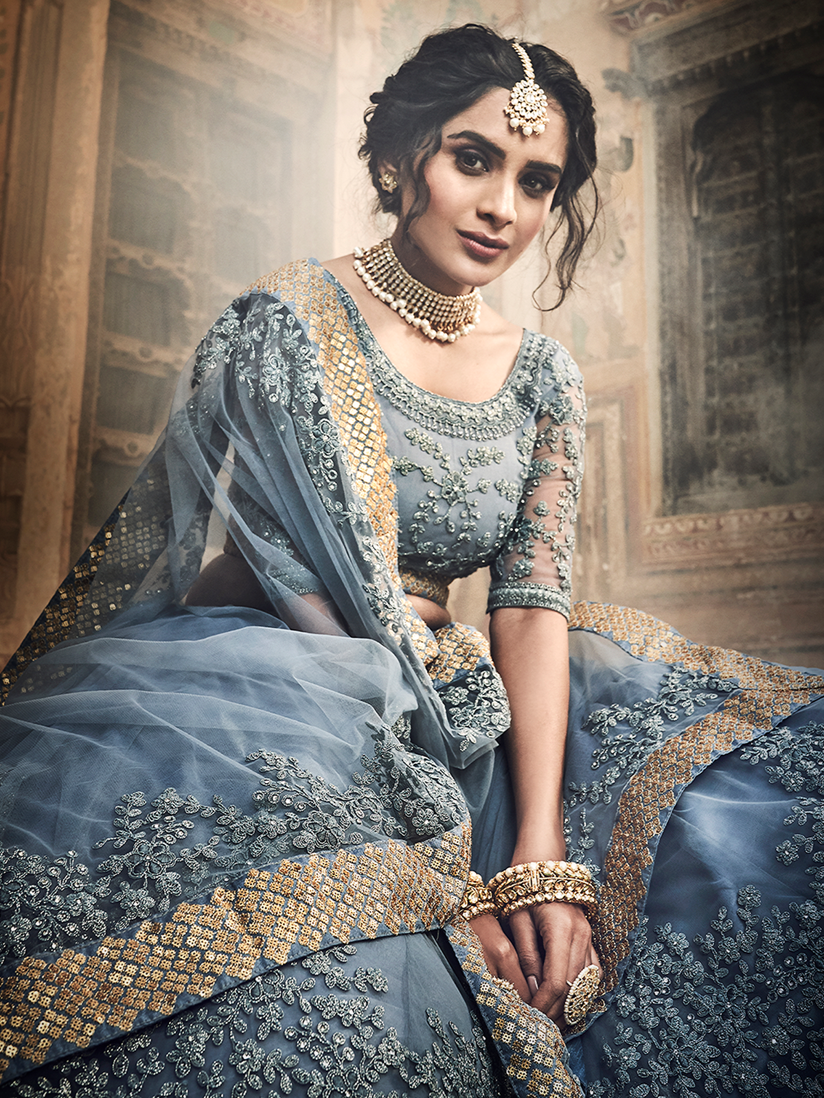 Odette Women Grey Embroidered Soft Net Semi Stitched Lehenga With Unstitched Blouse