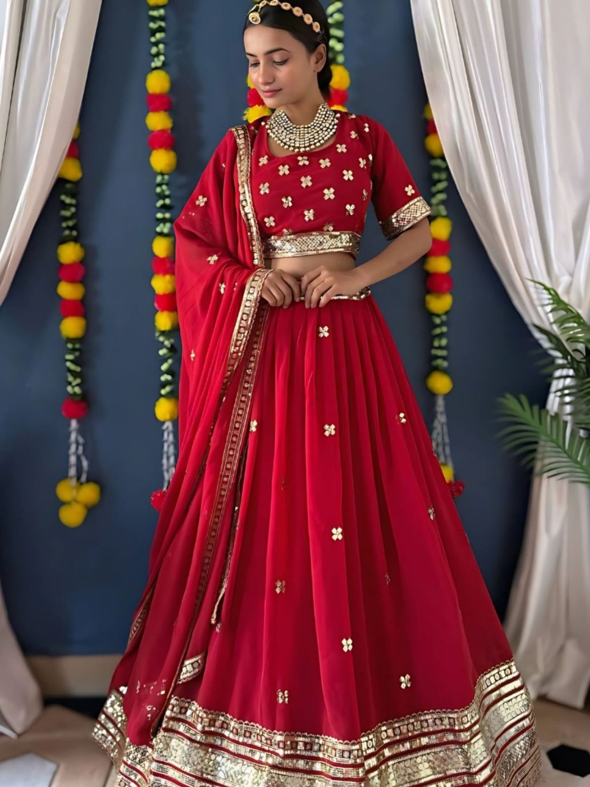 Odette Red Georgette Embellished Semi-Stitched lehenga For Women