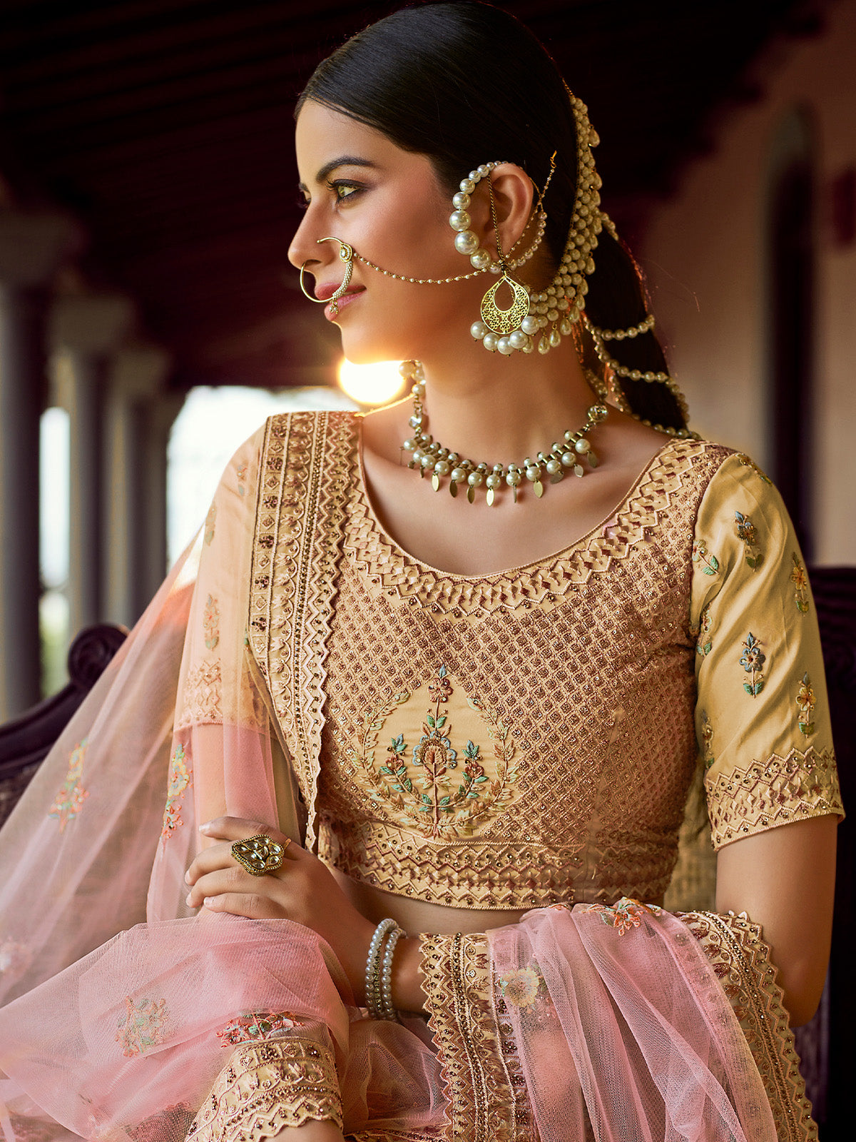 Odette Pink Embroidered Georgette Semi Stitched Lehenga With Blouse For Women