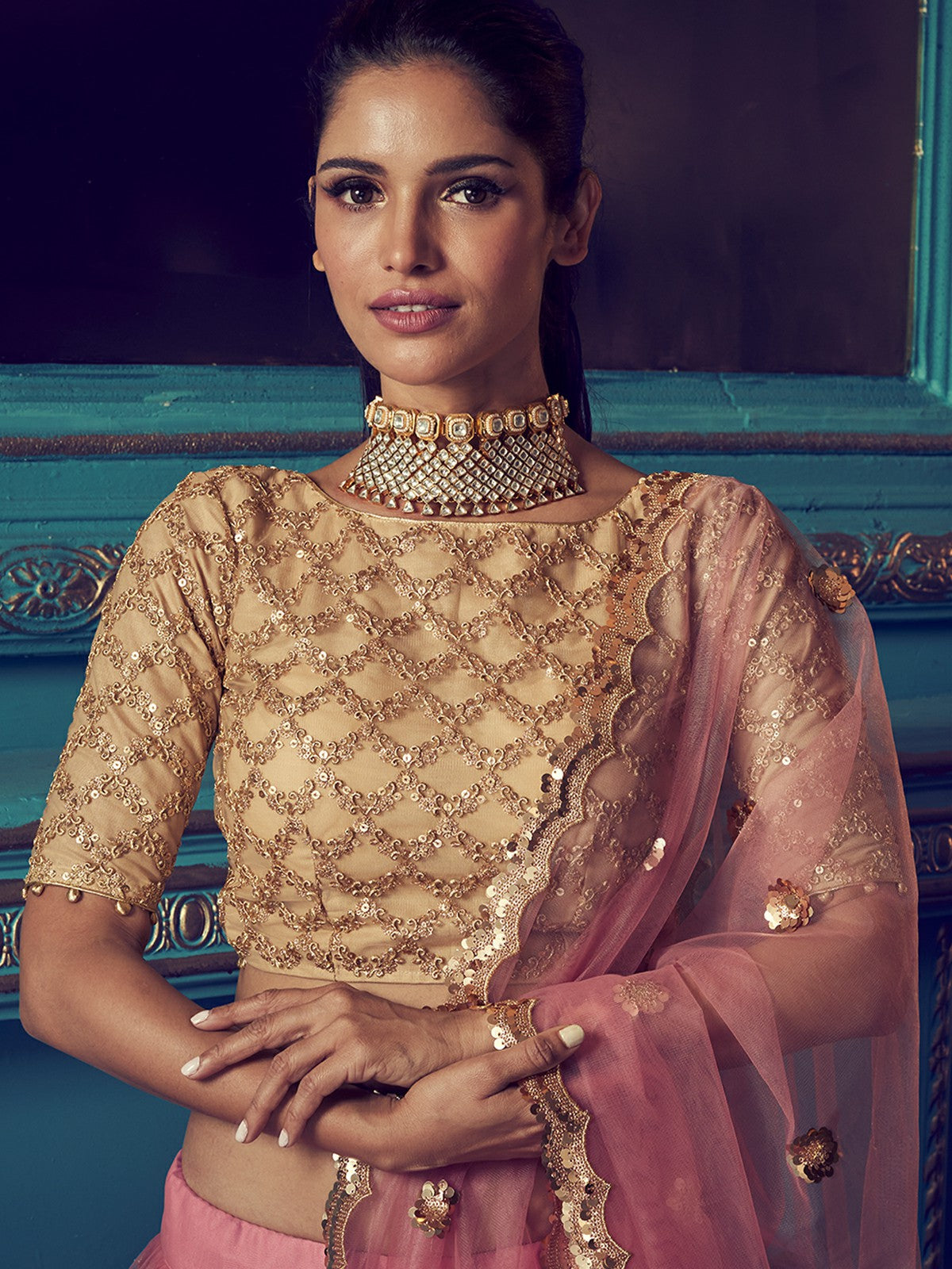 Odette Pink Embellished Soft Net Semi Stitched Lehenga With Blouse For Women