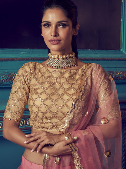 Odette Pink Embellished Soft Net Semi Stitched Lehenga With Blouse For Women