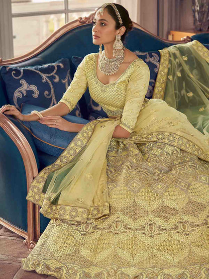Odette Yellow Embroidered Crepe Semi Stitched Lehenga With Blouse For Women