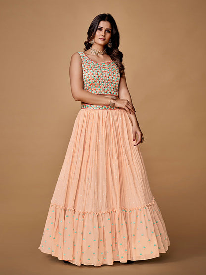Odette Peach Embroidered Georgette Stitched Lehenga With Blouse For Women