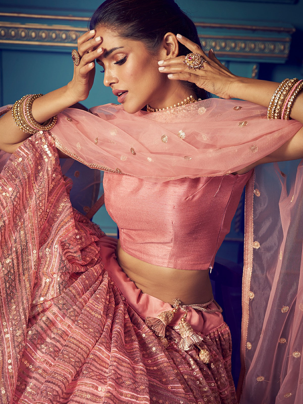 Odette Peach Embellished Soft Net Semi Stitched Lehenga With Blouse For Women