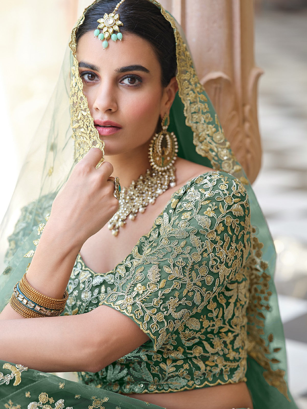 Odette Green Embroidered Soft Net Semi Stitched Lehenga With Blouse For Women