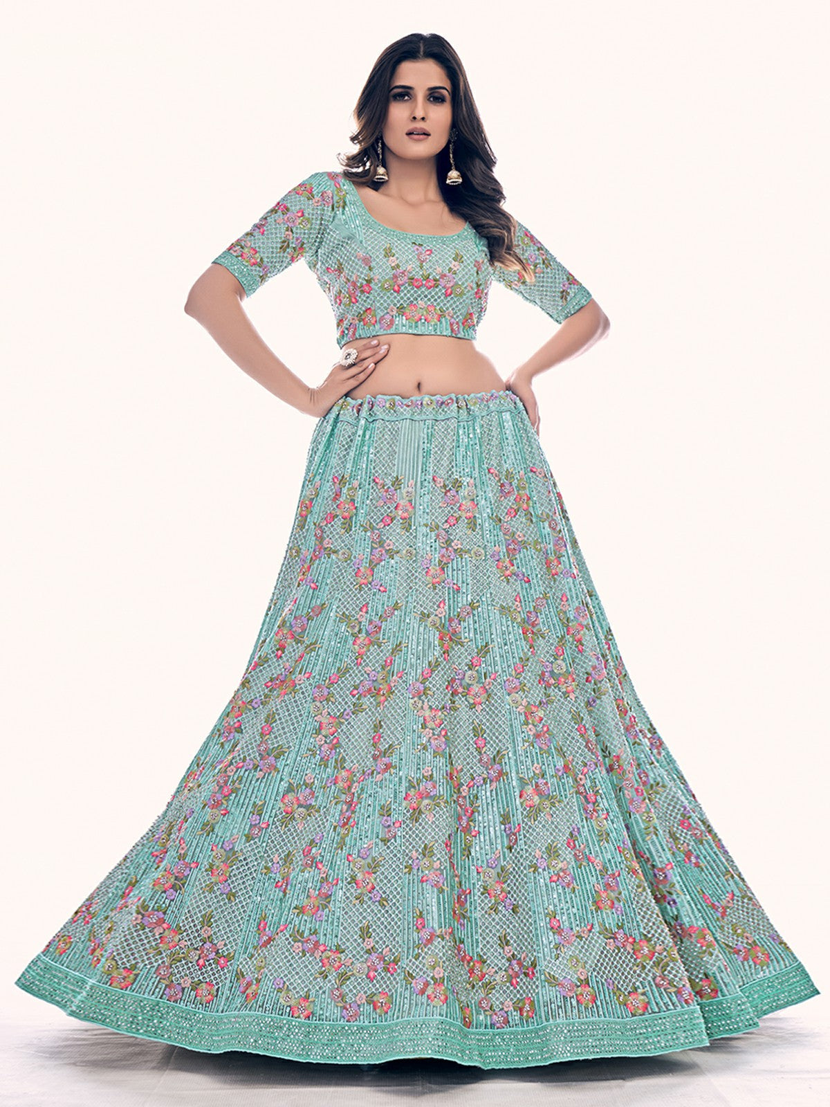 Odette Sea Green Embroidered Soft Net Semi Stitched Lehenga With Blouse For Women