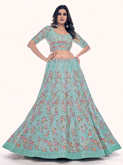 Odette Sea Green Embroidered Soft Net Semi Stitched Lehenga With Blouse For Women