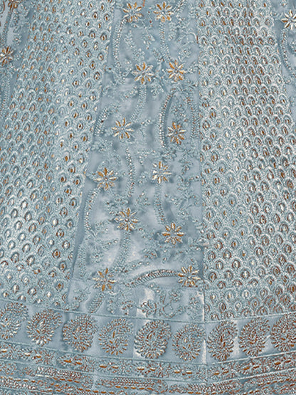 Odette Blue Embroidered Soft Net Semi Stitched Lehenga With Blouse For Women