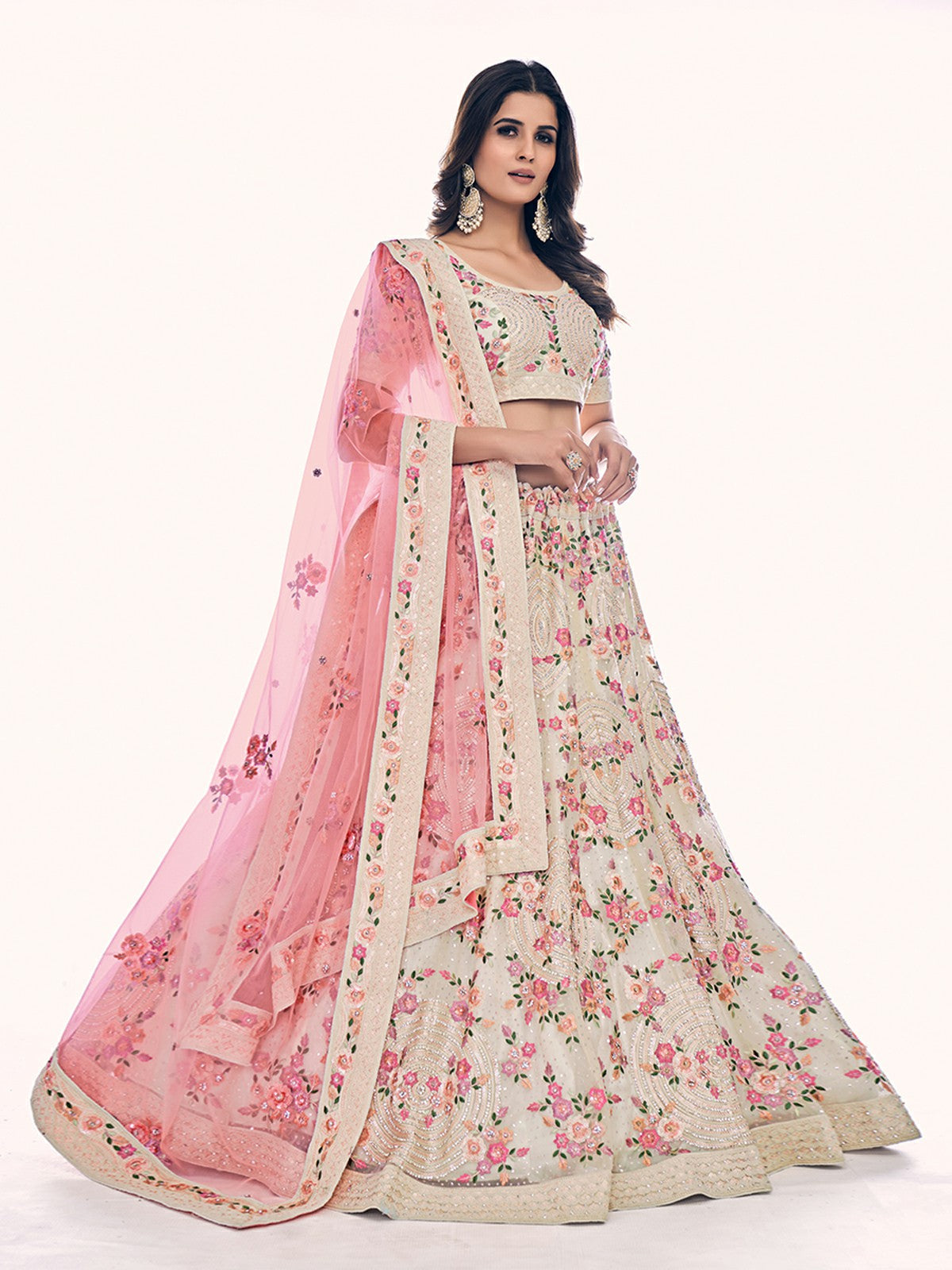 Odette Off White Embroidered Soft Net Semi Stitched Lehenga With Blouse For Women