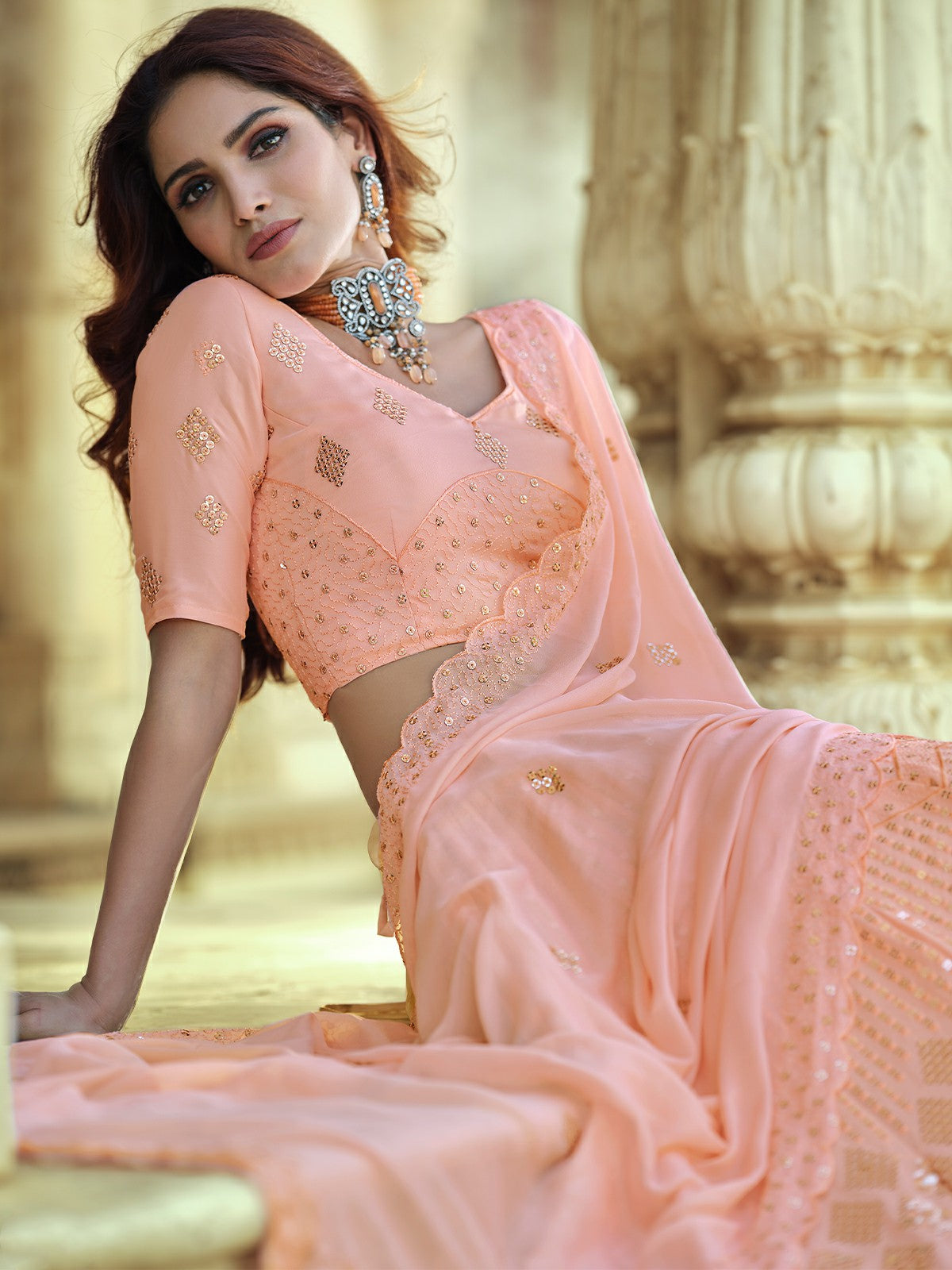 Odette Peach Embellished Georgette Semi Stitched Lehenga With Blouse For Women