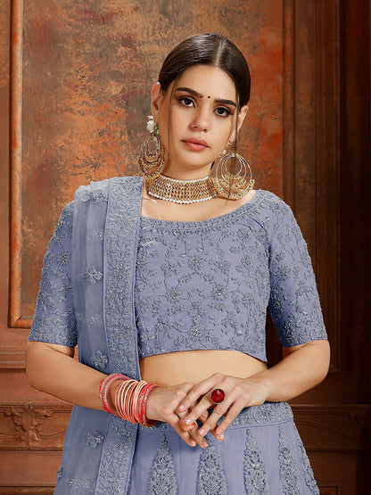Odette Blue Embroidered Soft Net Semi Stitched Lehenga With Blouse For Women