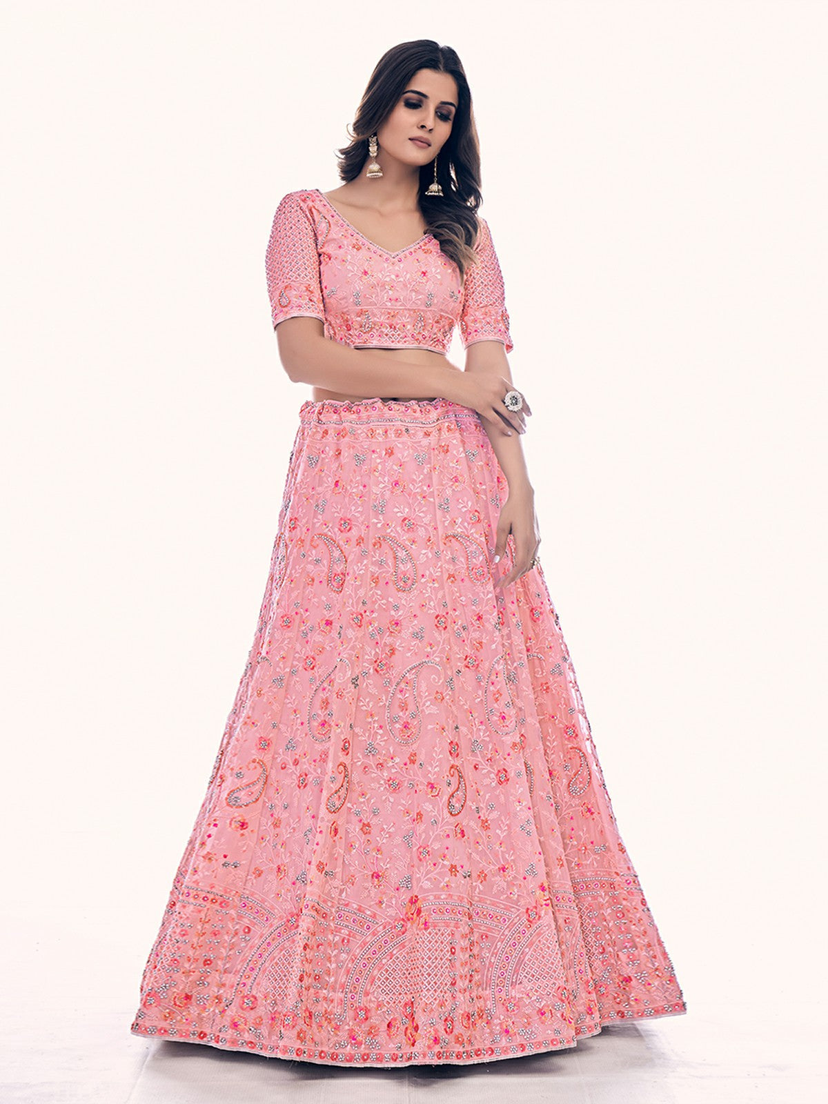 Odette Pink Embroidered Soft Net Semi Stitched Lehenga With Blouse For Women